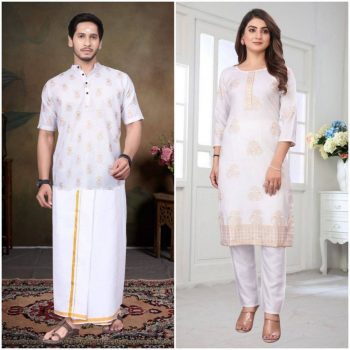 LATEST RAYON FOIL PRINTED WOMEN'S TOP WITH BOTTOM AND COTTON FLEX FOIL PRINTED MEN'S SHIRT COUPLE COMBO WHITE
