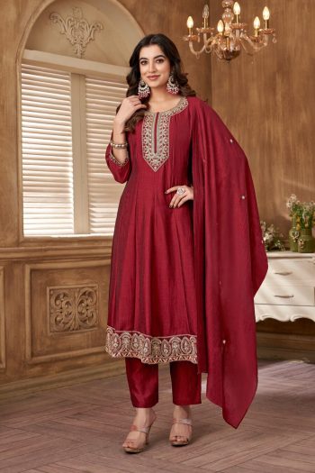 LATEST RAYON SILK EMBROIDERY SEQUENCE WORK TOP BOTTOM WITH DUPATTA MAROON