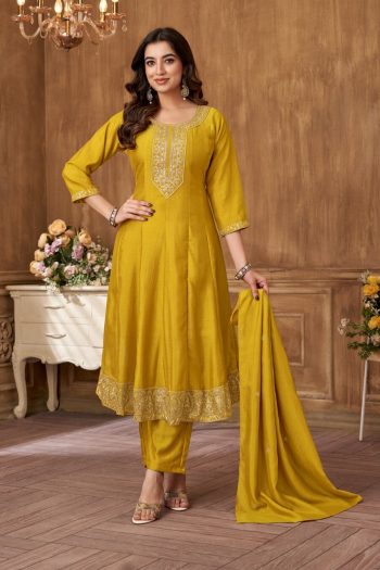 LATEST RAYON SILK EMBROIDERY SEQUENCE WORK TOP BOTTOM WITH DUPATTA YELLOW