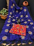 LATEST SANA SILK EMBROIDERY WORK SAREE WITH UNSTITCHED BLOUSE  NAVY BLUE