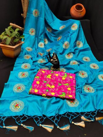 LATEST SANA SILK EMBROIDERY WORK SAREE WITH UNSTITCHED BLOUSE  SKY