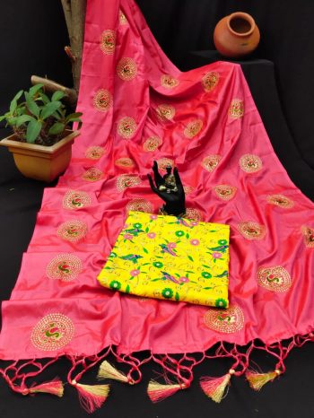 LATEST SANA SILK EMBROIDERY WORK SAREE WITH UNSTITCHED BLOUSE  PINK