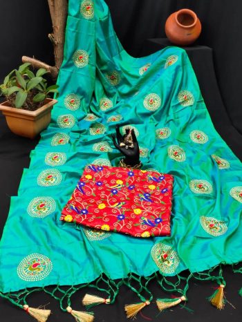 LATEST SANA SILK EMBROIDERY WORK SAREE WITH UNSTITCHED BLOUSE  RAMA