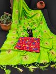 LATEST SANA SILK EMBROIDERY WORK SAREE WITH UNSTITCHED BLOUSE  PARROT GREEN