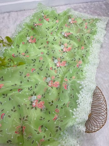 LATEST SOFT ORGANZA MULTI THREAD AND CHIKANKARI CUTWORK BORDER SAREE WITH UNSTITCHED BLOUSE PISTA