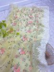 LATEST SOFT ORGANZA MULTI THREAD AND CHIKANKARI CUTWORK BORDER SAREE WITH UNSTITCHED BLOUSE YELLOW
