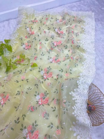 LATEST SOFT ORGANZA MULTI THREAD AND CHIKANKARI CUTWORK BORDER SAREE WITH UNSTITCHED BLOUSE YELLOW