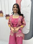 LATEST TISSUE SIMMER EMBROIDERY SEQUENCE WORK CROP TOP PALAZZO WITH SHRUG PARTY WEAR WHOLESALE PRICE ETHNIC GARMENT (7)