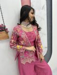 LATEST TISSUE SIMMER EMBROIDERY SEQUENCE WORK CROP TOP PALAZZO WITH SHRUG PARTY WEAR WHOLESALE PRICE ETHNIC GARMENT (7)