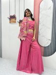 LATEST TISSUE SIMMER EMBROIDERY SEQUENCE WORK CROP TOP PALAZZO WITH SHRUG PARTY WEAR WHOLESALE PRICE ETHNIC GARMENT (7)