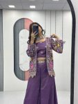 LATEST TISSUE SIMMER EMBROIDERY SEQUENCE WORK CROP TOP PALAZZO WITH SHRUG PARTY WEAR WHOLESALE PRICE ETHNIC GARMENT (9)