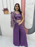 LATEST TISSUE SIMMER EMBROIDERY SEQUENCE WORK CROP TOP PALAZZO WITH SHRUG PARTY WEAR WHOLESALE PRICE ETHNIC GARMENT (9)