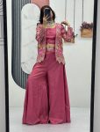 LATEST TISSUE SIMMER EMBROIDERY SEQUENCE WORK CROP TOP PALAZZO WITH SHRUG PARTY WEAR WHOLESALE PRICE ETHNIC GARMENT (7)