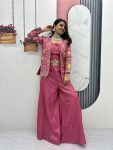 LATEST TISSUE SIMMER EMBROIDERY SEQUENCE WORK CROP TOP PALAZZO WITH SHRUG  PINK