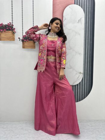 LATEST TISSUE SIMMER EMBROIDERY SEQUENCE WORK CROP TOP PALAZZO WITH SHRUG  PINK