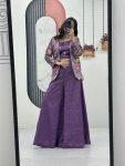 LATEST TISSUE SIMMER EMBROIDERY SEQUENCE WORK CROP TOP PALAZZO WITH SHRUG  PURPLE
