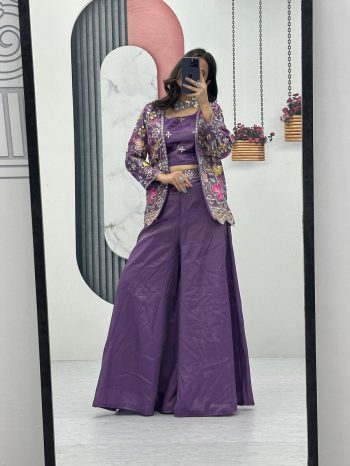 LATEST TISSUE SIMMER EMBROIDERY SEQUENCE WORK CROP TOP PALAZZO WITH SHRUG  PURPLE