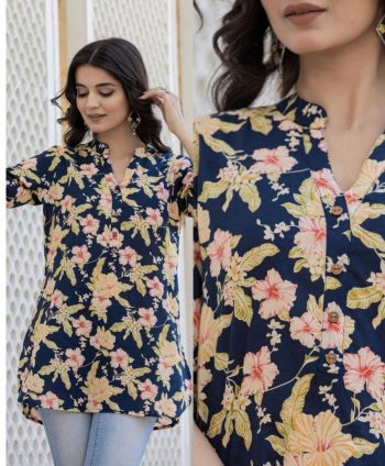 LATEST TWILL RAYON DIGITAL PRINTED TOP  NAVY BULE