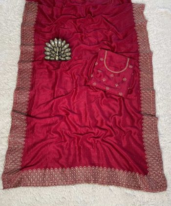 LATEST VICHITRA SILK ZARI WORK WITH SWAROVSKI WORK SAREE WITH UNSTITCHED BLOUSE RANI