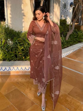 LATEST VISCOSE CHANDERI EMBROIDERY WORK TOP BOTTOM WITH DUPATTA BROWN