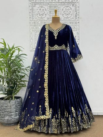 LATEST VISCOSE VELVET EMBROIDERY AND SEQUENCE WORK GOWN BOTTOM WITH DUPATTA NAVY BLUE