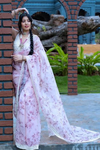 LUXURY ORGANZA SILK DIGITAL PRINT WITH THREAD EMBROIDERY SEQUENCE WORK SAREE WITH UNSTITCHED BLOUSE  WHITE