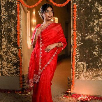 LUXURY ORGANZA SILK MULTY THREAD EMBROIDERY WORK SAREE WITH UNSTITCHED BLOUSE  RED