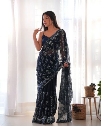 MODERN SHIMMER JARI WITH MULTY THREAD SEQUENCE EMBROIDERY WORK SAREE WITH UNSTITCHED BLOUSE BLUE