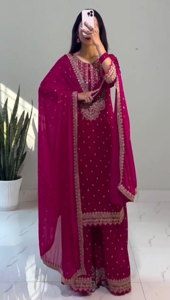 MOST PICKED CHINON EMBROIDERY SEQUENCE WORK TOP SHARARA WITH DUPATTA RANI
