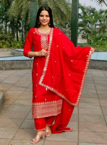 MOST PICKED ROMAL SILK EMBROIDERY SEQUENCE WORK TOP BOTTOM WITH DUPATTA RED