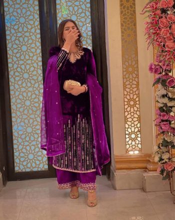 MOST PICKED VELVET ZARI EMBROIDERI WORK TOP PALAZZO WITH DUPATTA PURPLE