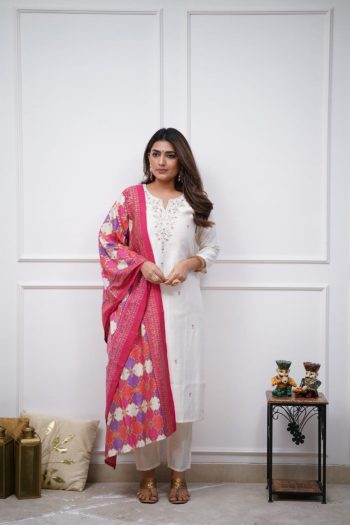 MOST PICKED VISCOSE CHANDERI SEQUENCE CODING EMBROIDERY WORK TOP BOTTOM WITH DUPATTA WHITE