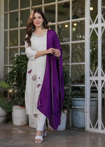 MOST PICKED VISCOSE RAYON EMBROIDERY SEQUENCE WORK TOP BOTTOM WITH DUPATTA WHITE