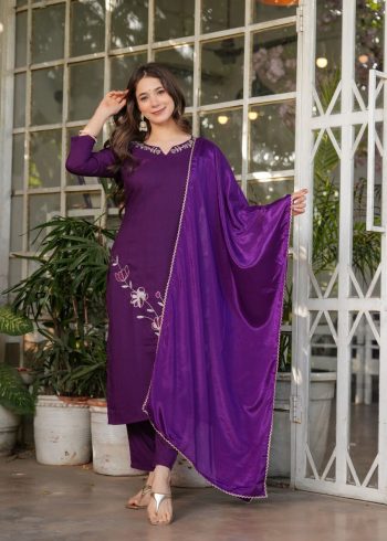 MOST PICKED VISCOSE RAYON EMBROIDERY SEQUENCE WORK TOP BOTTOM WITH DUPATTA PURPLE