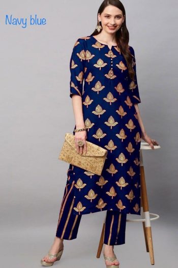 NEW ARIIVAL RAYON FOIL PRINTED TOP BOTTOM NAVY BLUE
