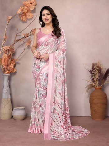 NEW ARRIVAL BRIGHT MOSS SILK PRINTED PARTY WEAR SAREE WITH UNSTITCHED BLOUSE BABY PINK
