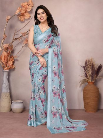 NEW ARRIVAL BRIGHT MOSS SILK PRINTED PARTY WEAR SAREE WITH UNSTITCHED BLOUSE SKY
