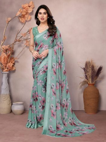 NEW ARRIVAL BRIGHT MOSS SILK PRINTED PARTY WEAR SAREE WITH UNSTITCHED BLOUSE MINT