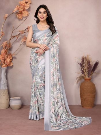 NEW ARRIVAL BRIGHT MOSS SILK PRINTED PARTY WEAR SAREE WITH UNSTITCHED BLOUSE GREY
