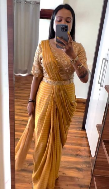 NEW ARRIVAL CHINON DIGITAL PRINTED READY TO WEAR SAREE WITH STITCHED EMBRODERY SEQUENCE WORK BLOUSE AND WAIST BELT YELLOW