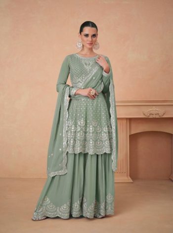 NEW ARRIVAL CHINON EMBRIDERY SEQUENCE WORK TOP PALAZZO WITH DUPATTA MINT