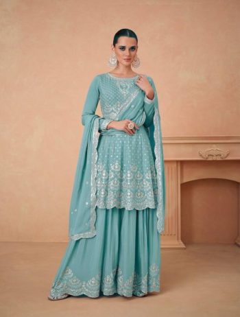 NEW ARRIVAL CHINON EMBRIDERY SEQUENCE WORK TOP PALAZZO WITH DUPATTA SKY