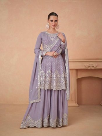 NEW ARRIVAL CHINON EMBRIDERY SEQUENCE WORK TOP PALAZZO WITH DUPATTA  LAVENDER