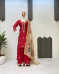 NEW ARRIVAL CHINON EMBROIDERY SEQUENCE WORK TOP PALAZZO WITH DUPATTA RED