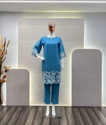NEW ARRIVAL CHINON EMBROIDERY WORK CO-ORD SET SKY