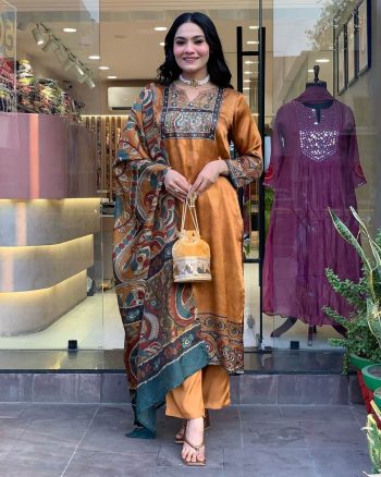 NEW ARRIVAL CHINON SILK DIGITAL PRINT WITH REAL MIRROR AND DIAMOND HANDWORK  TOP BOTTOM WITH DUPATTA ORANGE