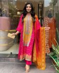 NEW ARRIVAL CHINON SILK DIGITAL PRINT WITH REAL MIRROR AND DIAMOND HANDWORK TOP BOTTOM WITH DUPATTA PINK