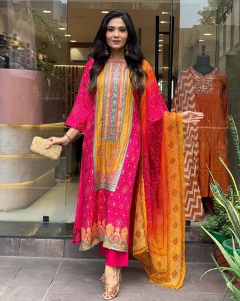 NEW ARRIVAL CHINON SILK DIGITAL PRINT WITH REAL MIRROR AND DIAMOND HANDWORK TOP BOTTOM WITH DUPATTA PINK