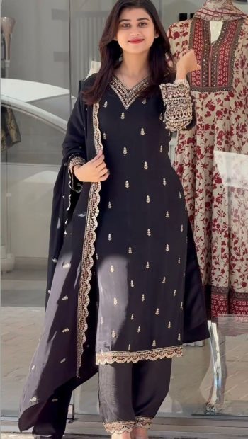 NEW ARRIVAL CHINON SILK EMBROIDERY SEQUENCE WORK TOP BOTTOM WITH DUPATTA BLACK