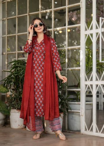 NEW ARRIVAL COTTON PRINTED PLAIN TOP BOTTOM WITH DUPATTA MAROON